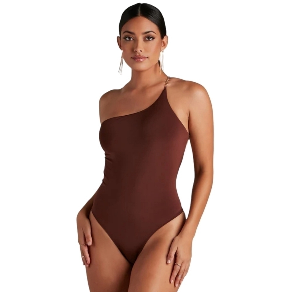Windsor Chain Strap Open Back BROWN Bodysuit Size: Various
